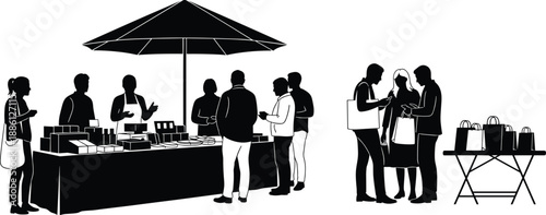 Outdoor market silhouette with people shopping at street stall, vendor selling products under umbrella for fair, bazaar, retail, community illustration
