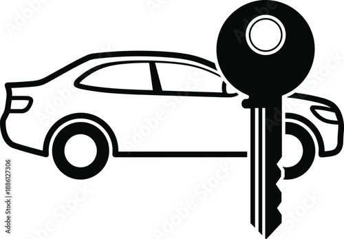 Car and key silhouette icon representing vehicle ownership, rental, dealership, transport, auto service, security, driving, automotive, vector illustration design
