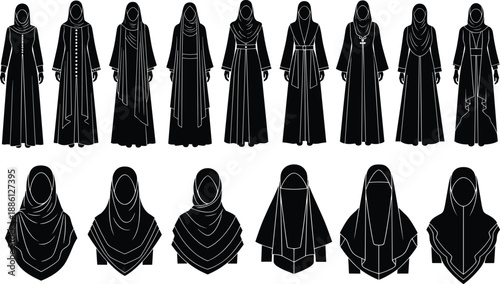Muslim women fashion abaya and hijab silhouette icons set, modest clothing vector illustrations, middle eastern islamic dress styles for lady stock graphics.