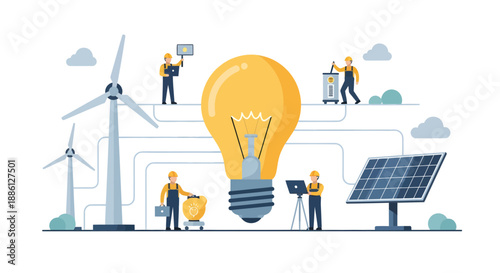 Renewable Energy Concept Illustration with Solar Panels, Wind Turbines, and Engineers Working on Big Light Bulb Innovation