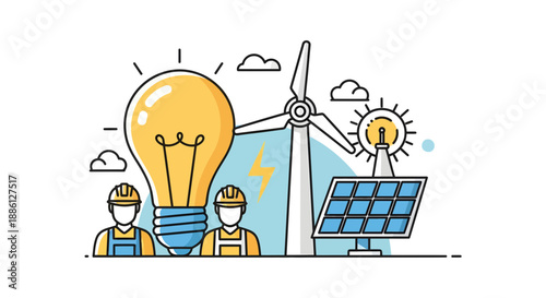 Renewable Energy Concept Illustration with Solar Panels, Wind Turbine, Large Light Bulb, and Engineers for Sustainable Green Power