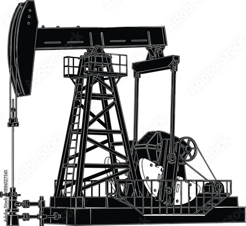 Industrial oil pump jack silhouette for energy petroleum industry fuel production global economy and crude oil extraction vector illustration