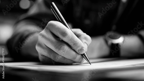 Hand at Work: A close-up shot captures a hand intently poised with a pen, poised to bring ideas to life. This image embodies the focus, and creativity of business writing.