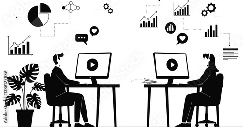 Business people working on computers with charts, analytics, video, communication icons for office, marketing, data, teamwork, vector illustration