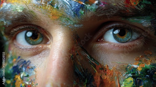 Artist's Canvas: An close-up that shows an artist with paint splattered on their face, the vibrant colors mirror the passion and creativity of their work.