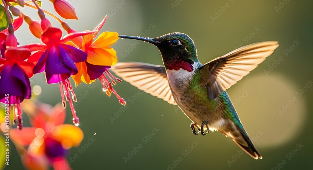 Fototapeta premium Hummingbird hovering and feeding on nectar from vibrant fuchsia flowers in soft natural light