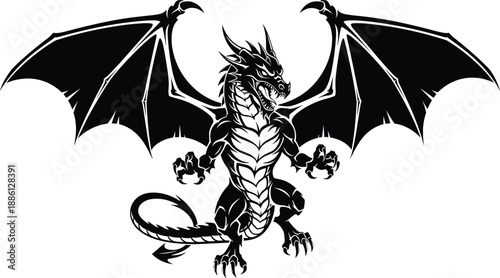 Powerful black dragon mascot with large wings and sharp claws for sports team gaming logo or fantasy tattoo design vector