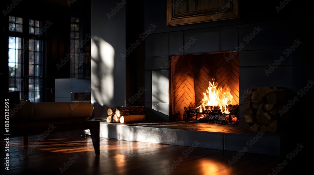 Fototapeta premium Cozy Rustic Fireplace with Burning Wood and Warm Sunlight Shadows