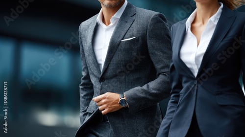 Business Professional Stroll: A well-dressed business professional in sharp suit strides purposefully, embodying confidence and success.