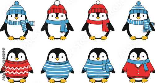 Cute penguin character set wearing winter hats and Christmas sweaters for holiday stickers greeting cards and nursery decor vector illustration
