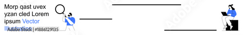 Data analysis, digital research, online communication, productivity, teamwork, technology concepts. Person holding a magnifying glass and another on a laptop. Data analysis and digital research ion