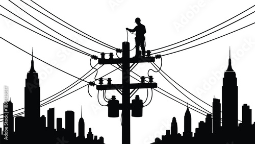 Electrician working on utility pole silhouette vector illustration, urban skyline background, power lines maintenance concept, electrical infrastructure safety and energy distribution design