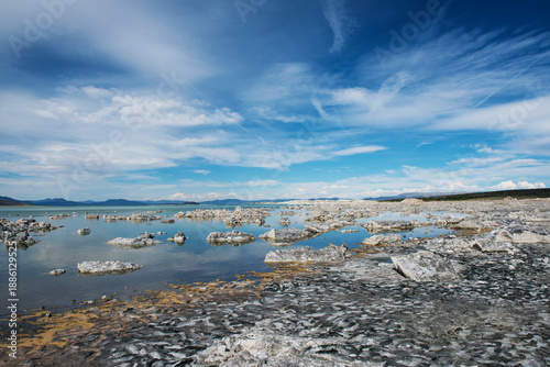 winter landscape with lake and blue sky