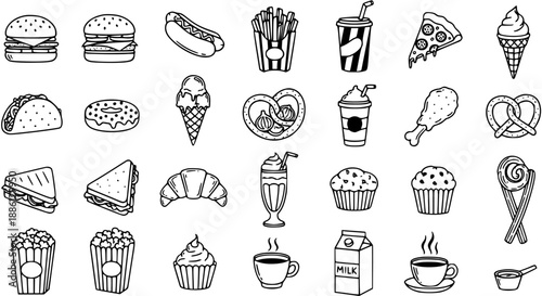 Hand-drawn Black  White Line Art Food and Drink Icons Set. Outline Doodle Collection of Fast Food, Snacks, Desserts, and Beverages.