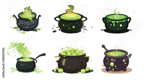 Cauldron with bubbling green potion magical illustration isolated on white background