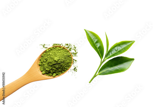 A small bamboo chashaku spoon filled with vibrant emerald matcha powder, beside fresh green tea leaves, intensely colored, flat lay macro on transparent background, concept of organic superfoods and