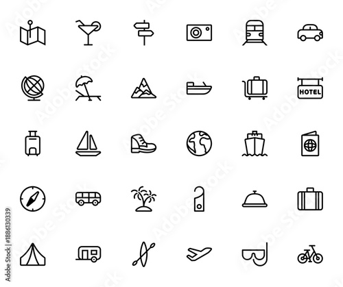 Travel icon set. Vector travel icons pack. Includes map, cocktail, camera, train, car, globe, passport, airplane, luggage and more. Editable stroke.
