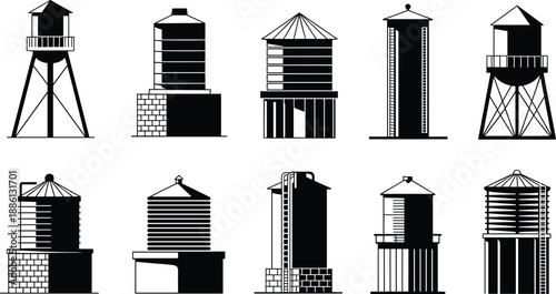 Billede på lærred Black water tower silhouette icon set illustrating industrial storage tanks arch