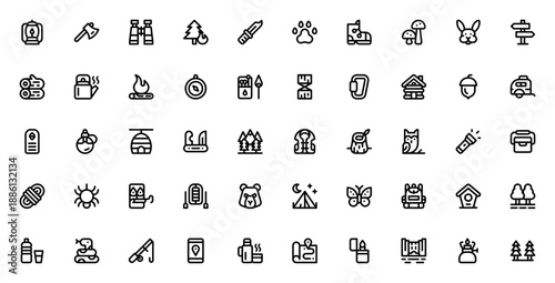 In the Forest_2002 icon set. Vector outdoor survival collection with axe, tent, backpack, compass, map, bear, bonfire, trees and more. Editable stroke.