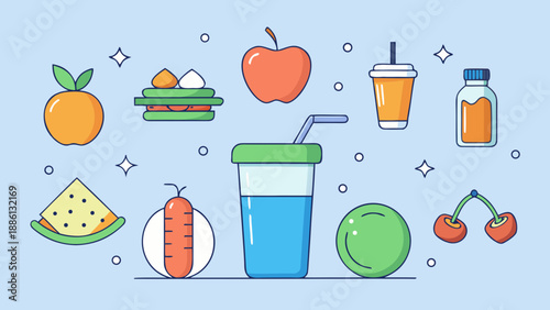 Diet & Wellness App Icons. Flat minimalist icons of diet and wellness foods and drinks, 10 vector icons designed for modern health apps and clean digital interfaces.