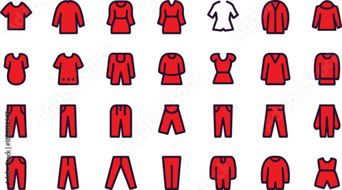 Clothing icons set featuring shirts dresses pants and outfits in red flat vector style for fashion design projects