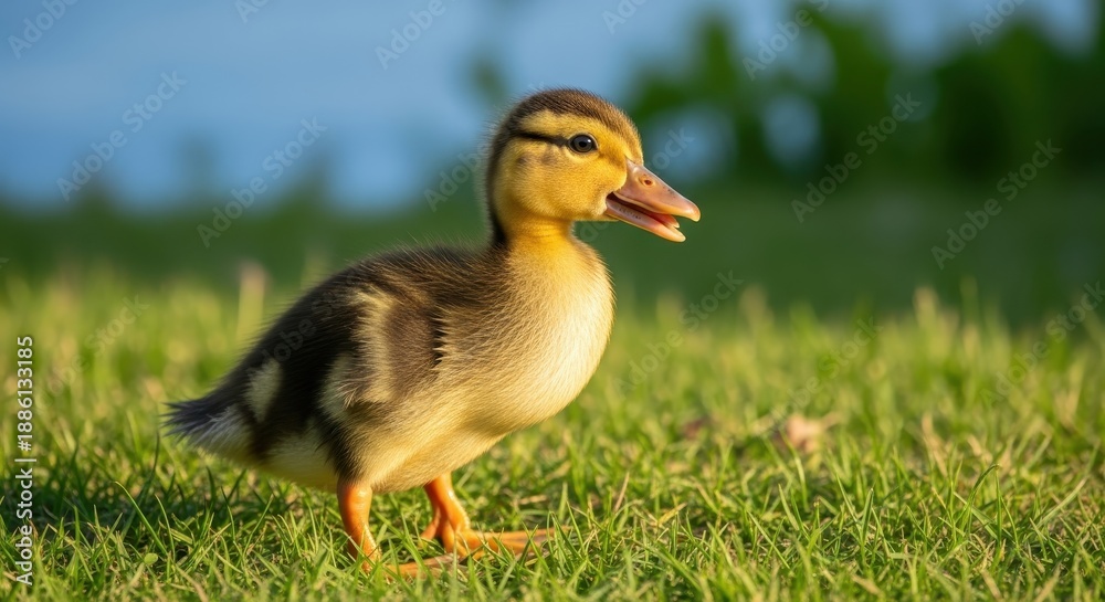 Obraz premium Adorable duckling standing on green grass in sunlight.