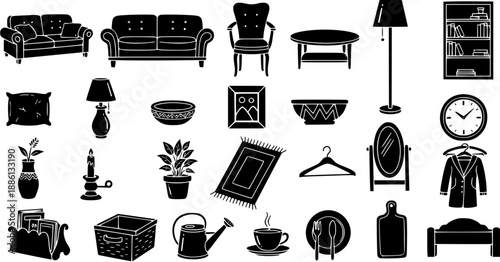 Black and White Glyph Icons of Household Furniture and Decor for Interior Design