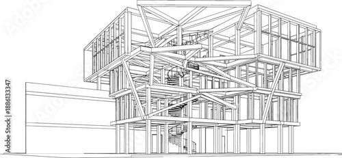 Modern deconstructivist architectural building wireframe vector illustration featuring a central spiral staircase and complex geometric structural framework for futuristic urban projects