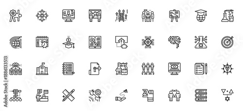 STEM icon set. Vector illustration pack. Includes symbols for science, engineering, teamwork, research, education, technology, chemistry, geometry and more. Editable stroke.