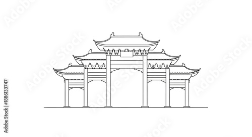 Majestic traditional Chinese gate or archway (Pailou) architecture line art, isolated white background.