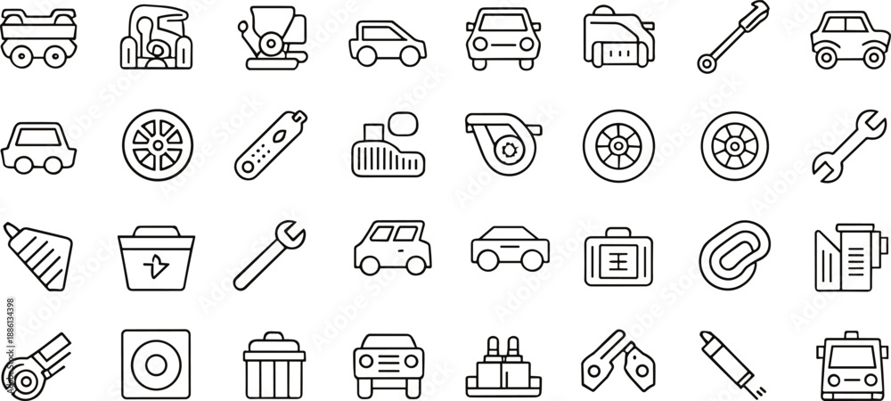 Naklejka premium Automotive car service and repair icons set, vehicle maintenance parts tools line vector illustration for transportation workshop concepts design graphics