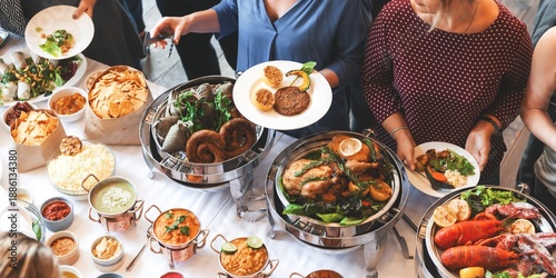 Obraz na płótnie Buffet table with diverse dishes, including seafood, salads, and meats