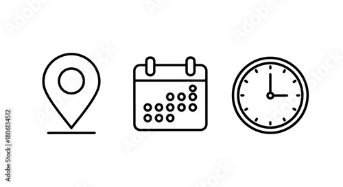 Icons showing a location pin, a calendar, and a clock for planning travel and scheduling.