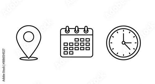Scheduling and planning concept with location pin, calendar, and clock icons for meetings and events.