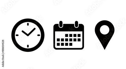 Set of time and location icons including clock, calendar, and map pin for dashboards.