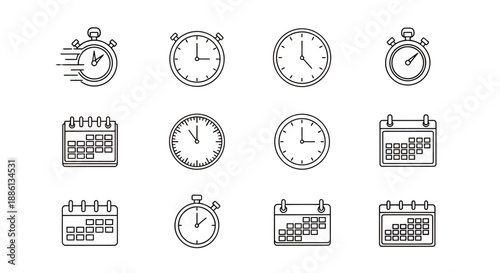 Collection of clock and calendar icons in multiple styles for timekeeping graphics.