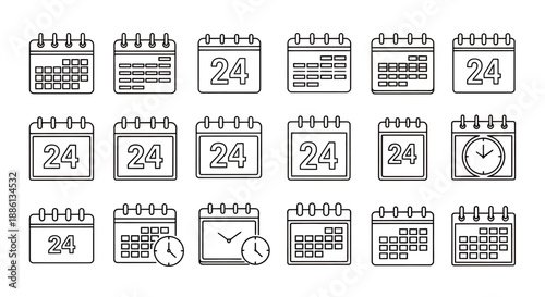 Collection of calendar and clock icons for interface design and UI graphics.