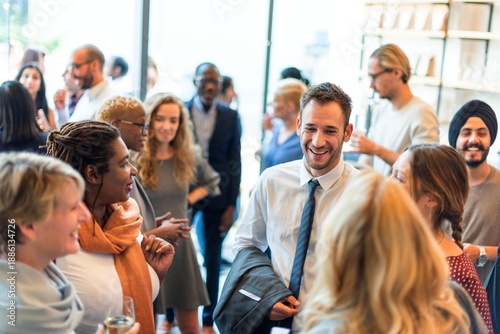 Diverse group of people networking at a social event. Men and women of various ethnicities engaging in conversation, smiling, and enjoying the gathering. Diverse people mingle at social event.