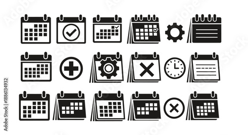 Set of various black and white calendar icons with different date and time symbols.
