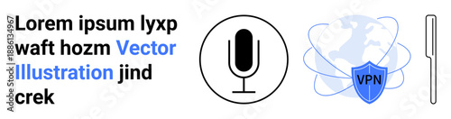 VPN technology, online privacy, cybersecurity, digital communication, global connectivity, remote work. Microphone, shield and global icon. VPN technology and online privacy