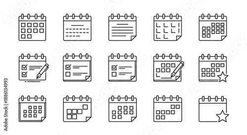 Set of twenty different calendar icons representing various date and event styles.