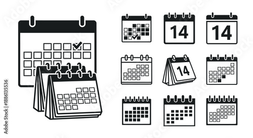 Set of various black and white calendar icons and date symbols.