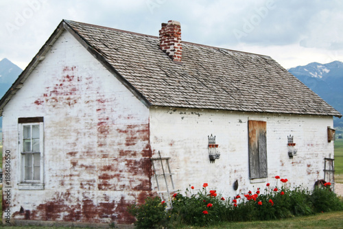 old house with red roof and flowers