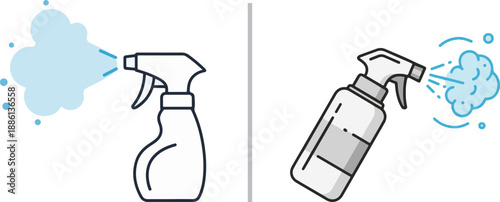 Vector icons of cleaning spray bottles. Left: a simple outline of a bottle emitting a fine mist. Right: a more detailed bottle with a label, spraying a cloud of soap or disinfectant.
