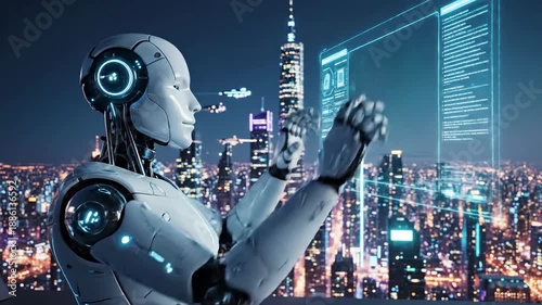 A white humanoid robot manipulates a holographic display against a glittering cityscape backdrop at night