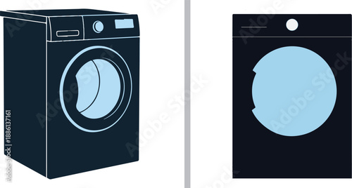 Vector icons of front-loading washing machines. Left: a detailed dark blue unit shown at an angle. Right: a minimalist black silhouette with a light blue circular window. Modern appliance design.