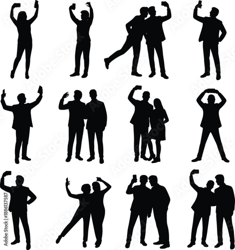 Collection of business people silhouettes in various standing and celebrating poses, teamwork and partnership concept, isolated black figures on white background
