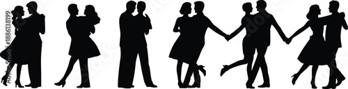 Elegant dancing couples silhouettes in romantic ballroom poses, isolated black figures representing love, partnership, social dance, celebration, wedding, and classic evening entertainment