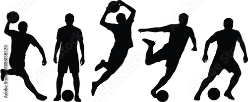 Football player silhouettes in dynamic action poses isolated on white background, soccer athletes dribbling, jumping, kicking ball, sports movement concept illustration