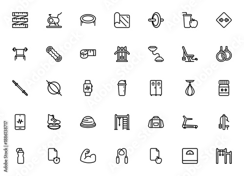 Health & Fitness icon set. Vector gym equipment collection. Includes dumbbell, treadmill, stationary bike, punching ball, smartwatch, jump rope, workout gear and more. Editable stroke.